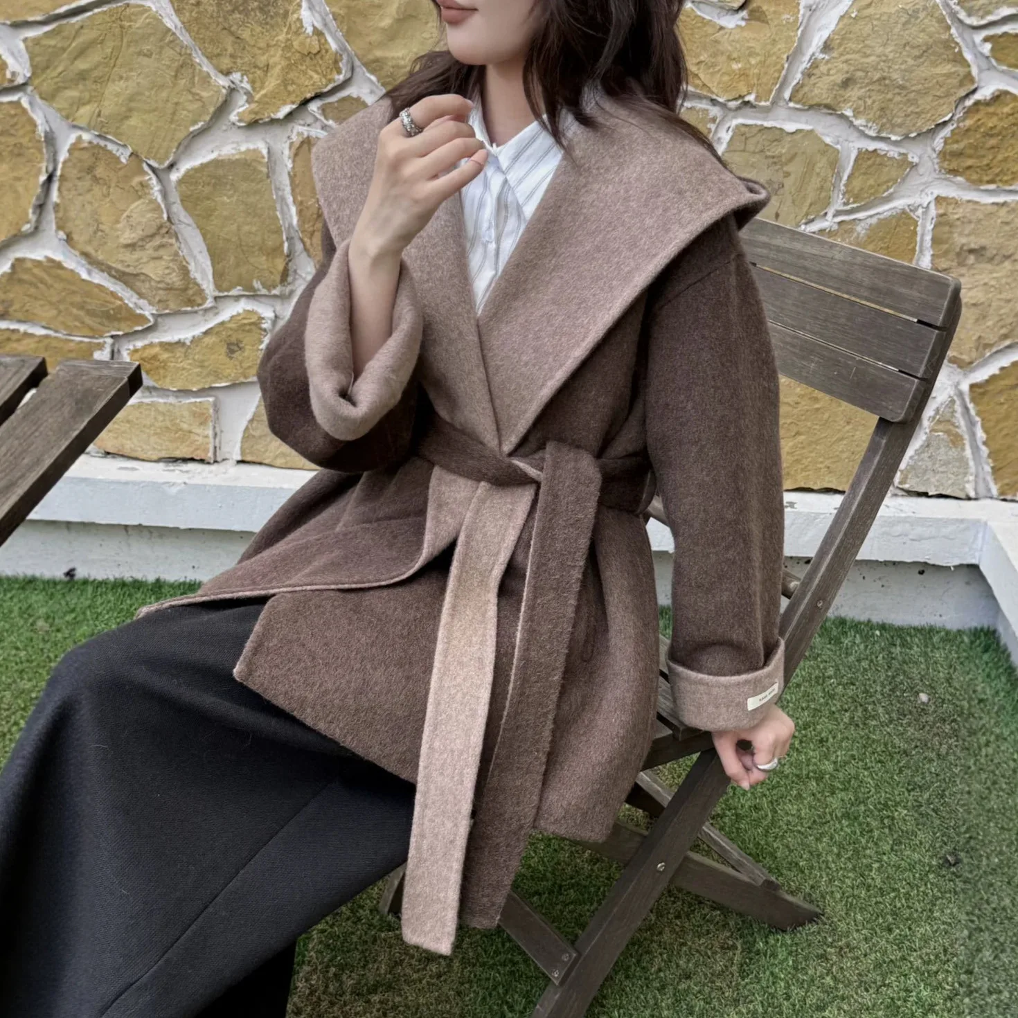 Korean Style Color Block Autumn Winter New Hooded Double Face Wool Coat Women Mid Length Loose Belted Warm Woolen Outerwear