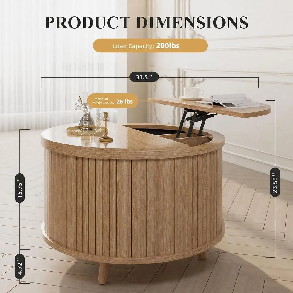 Round Wooden Storage Coffee Table for Small Spaces, 31.5 Diameter, Suitable for Living Room, Home Office, and Entryway, Natural