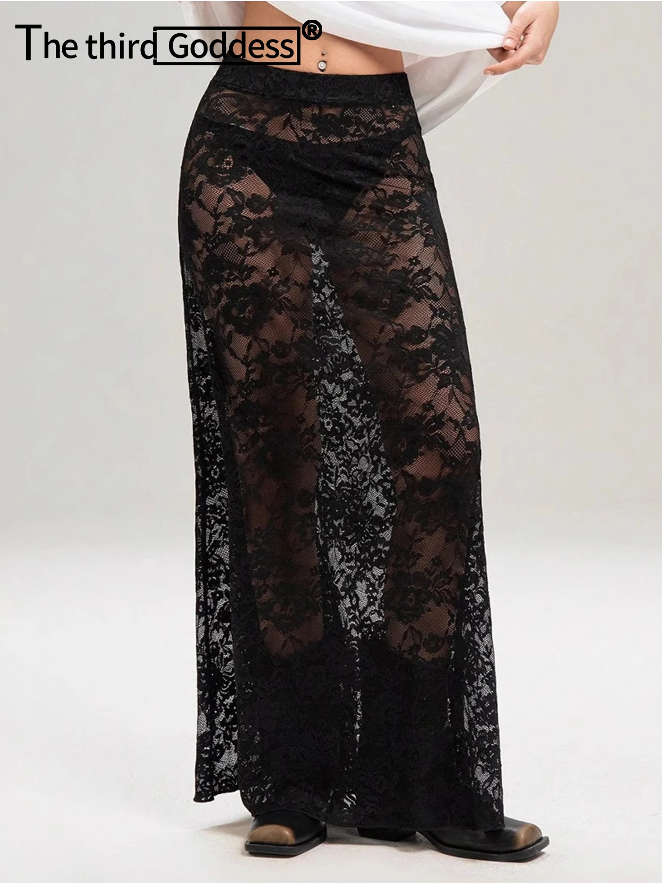 

Sexy see through lace black long skirt women summer fashion streetwear skirts for woman clothing night club beach party skirt HL