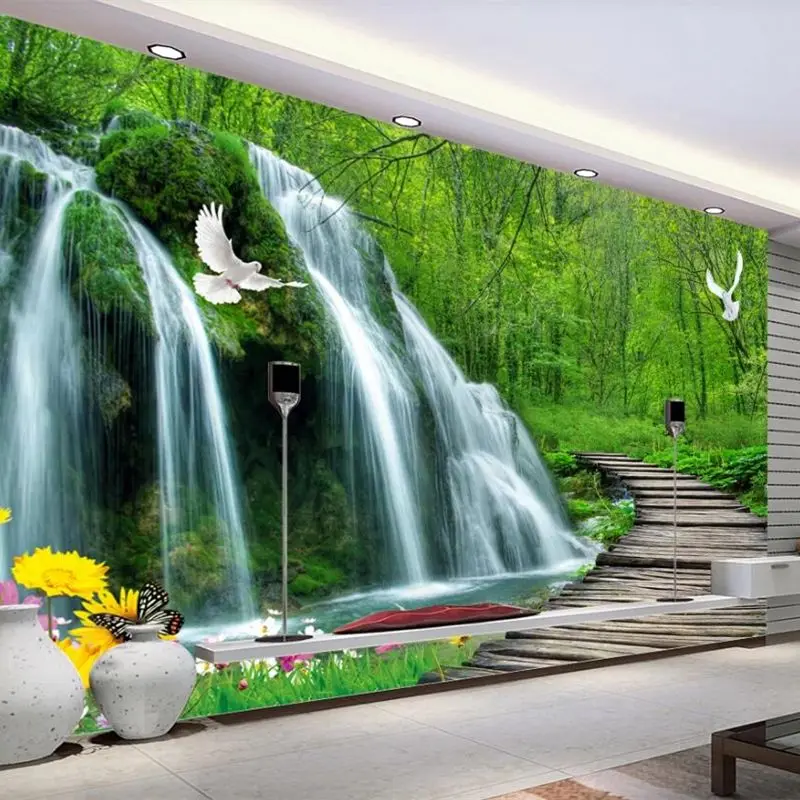 

beibehang Custom wallpaper 3D flowing water wealth waterfall wooden bridge background wall living room bedroom decoration обои