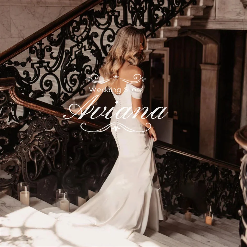 

Aviana Customized Off Shoulder Satin Mermaid Wedding Dress Buttons Backless Elegant Formal Princess Style Handmade New Design