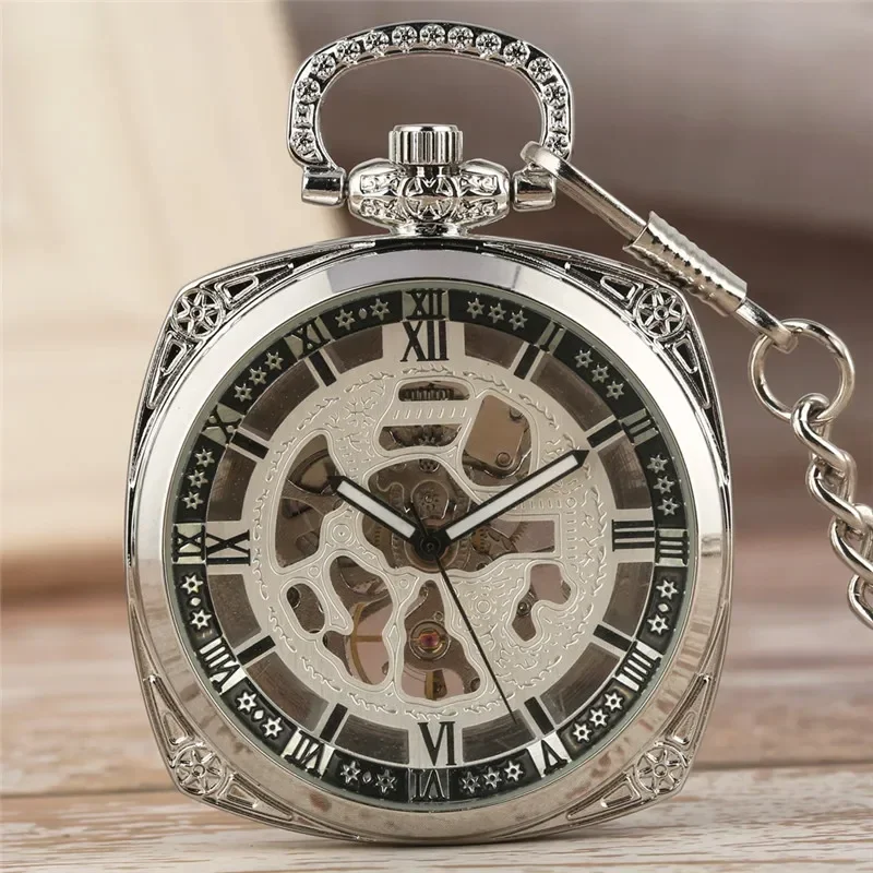 Silver Square Hand-Winding Mechanical Pocket Watch for Men Women Roman Numeral Luminous Hands Pendant Chain Skeleton Clock