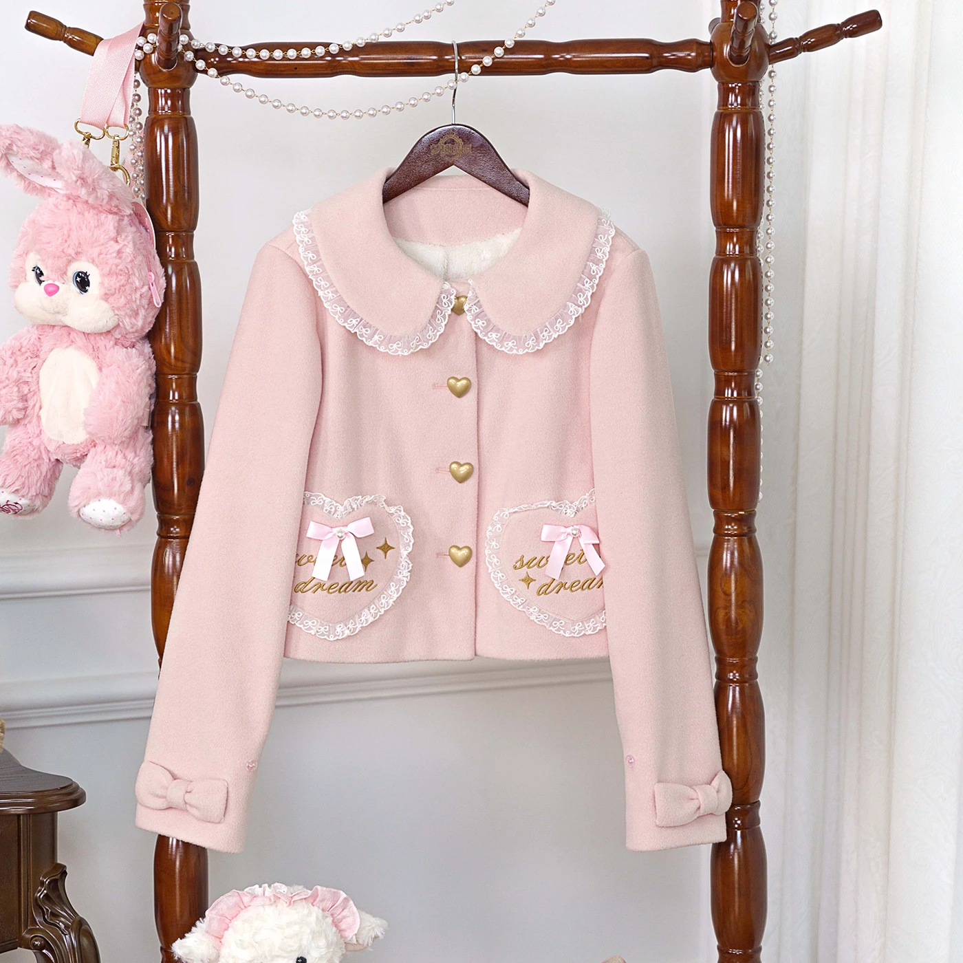 Japanese Original Lolita Top Sweet Kawaii Heart-shaped Bow Lace Jacket Warm Autumn and Winter Daily Commute Versatile Retro Coat