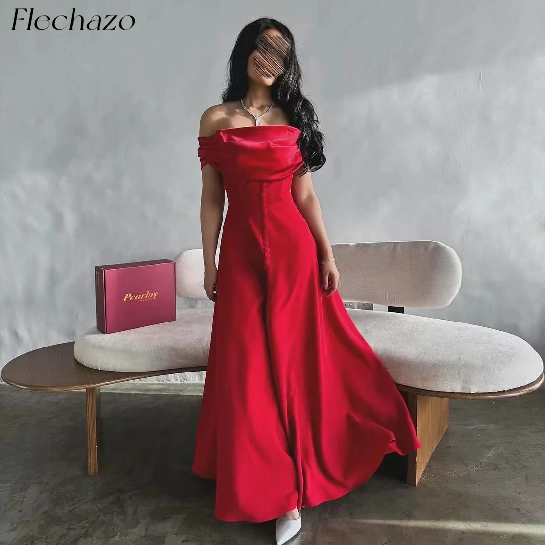 

Flechazo Red Evening Dresses Off Shoulder A Line Button Floor-length Elegant Fomral Party Dress For Women 2024 فساتين السهرة