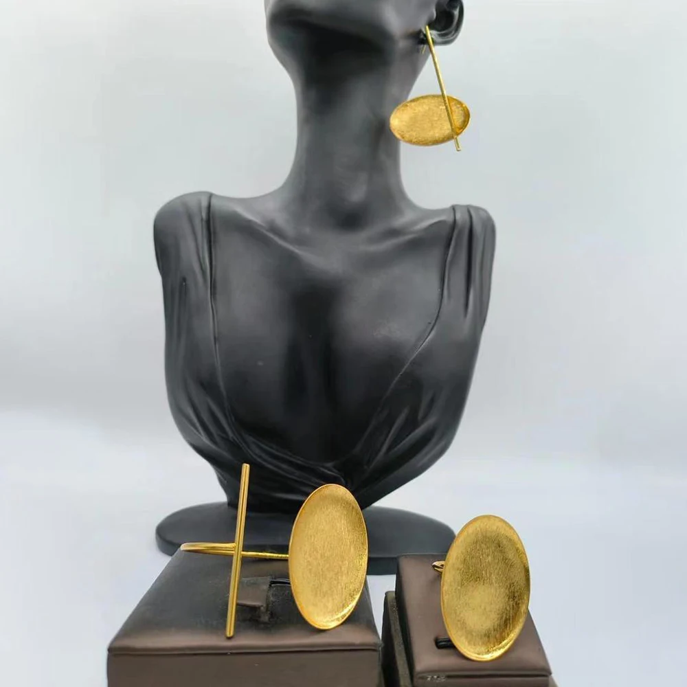 Dubai Gold Plated Earrings and Ring Jewelry Set for Party Dangle Earrings and Cuff Bangle Ring Set for African Jewellery Gifts
