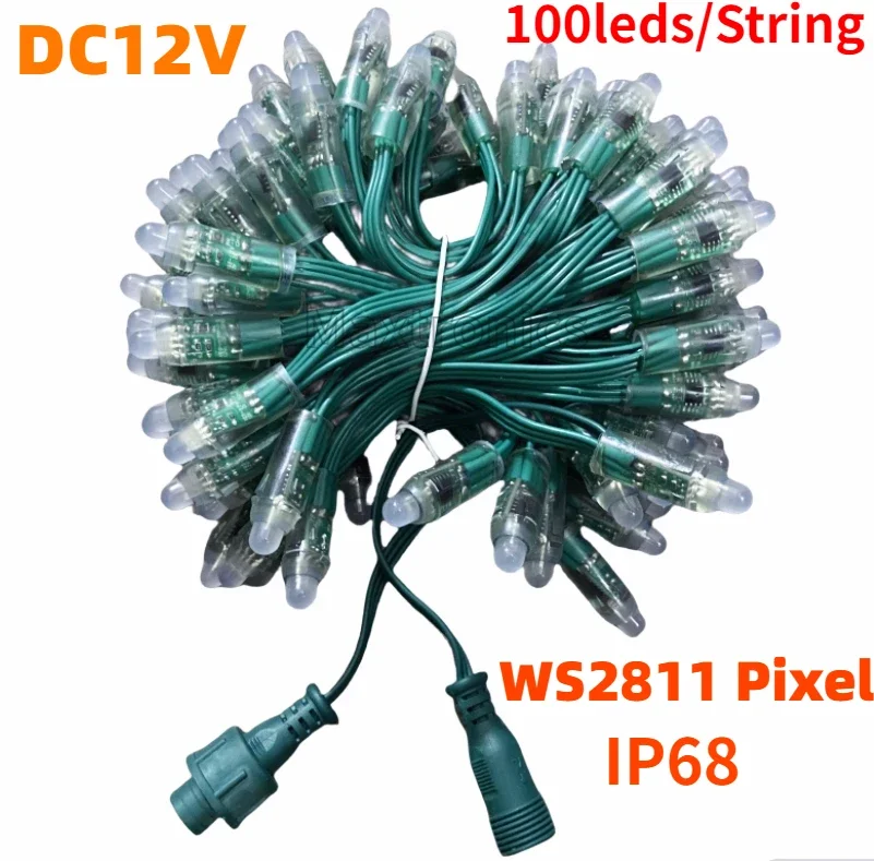 500-1000pc DC12V WS2811 RGB LED Pixel String Light IP68 Waterproof Connector Programmable 18AWG Green Wire 12mm Led Modules Lamp