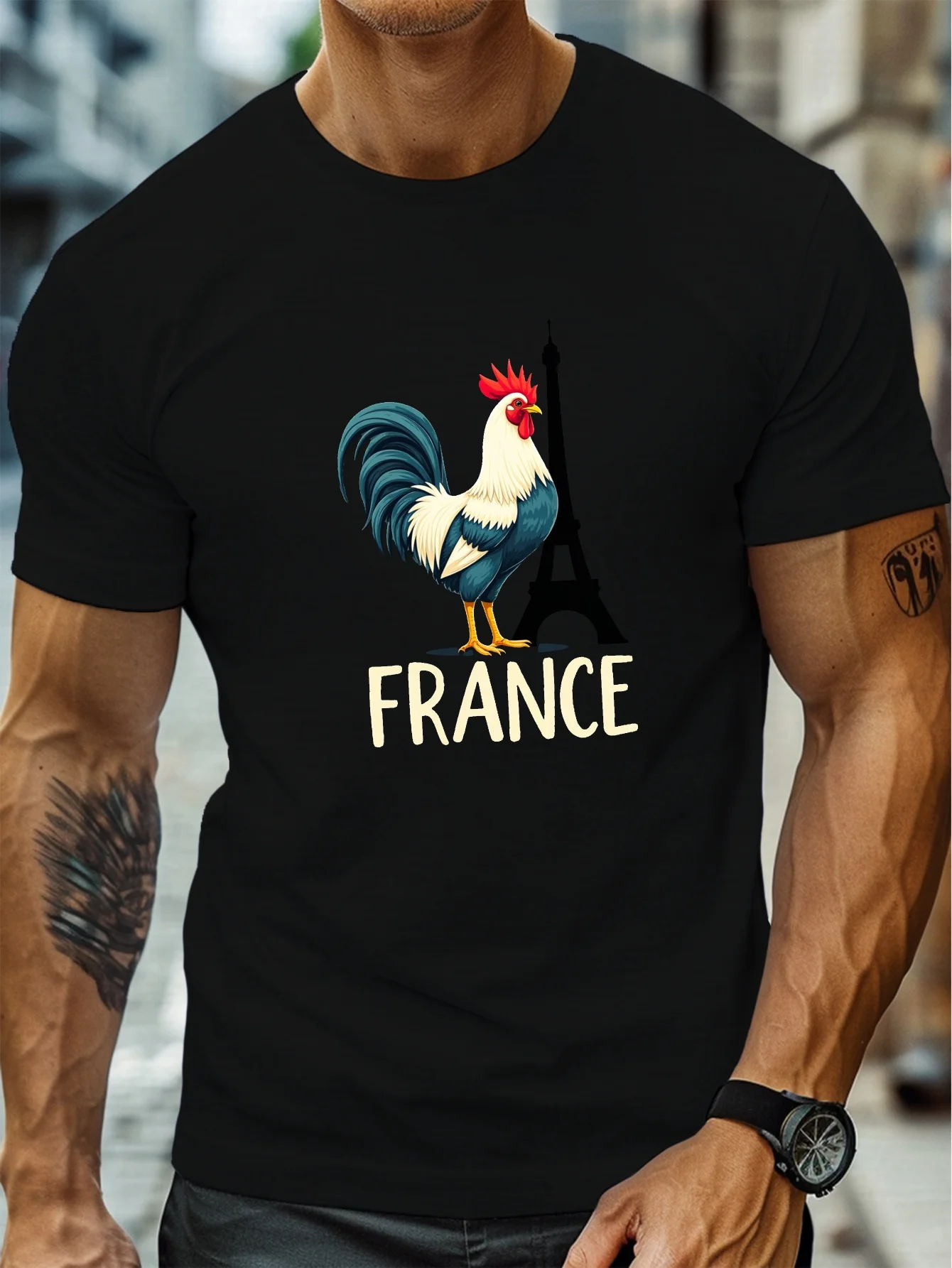 

French Rooster Eiffel Tower Print Men's T-Shirt Summer Leisure Fashion O-Neck Short Sleeve Tops Daily Street Trend Men Clothing