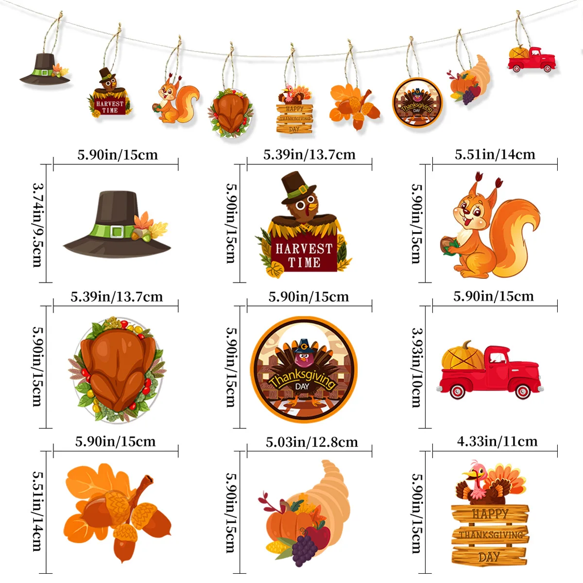 Thanksgiving Decorative Paper Hangings, Pumpkin, Turkey Twine Hanging Tag, Fall Home Decor, 9Pcs