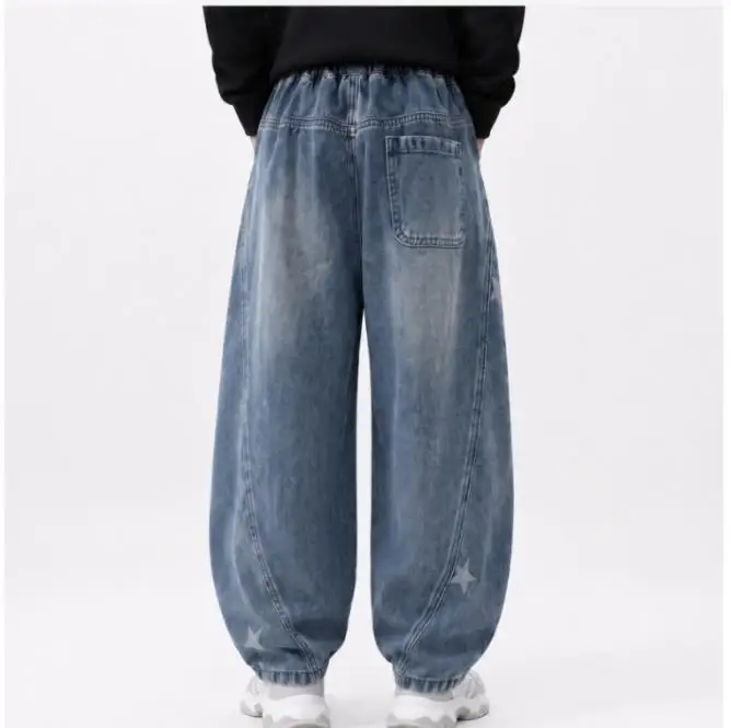 Boy Casual Wide Leg Jeans Spring Autumn Vintage Black Washed Denim Hip Hop Streetwear Pants Side Stripe Label Elastic Waist 4-14