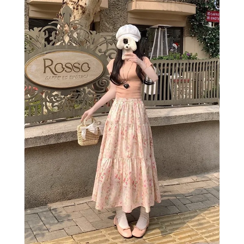 레트로 플로럴 플리츠 스커트 여성용 신상품 신축성 있는 허리 슬림 A라인 미디길이 큰 스윙 우산 스커트