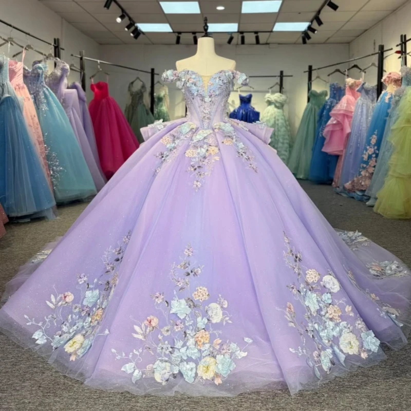

Lavender Shiny Quinceanera Dresses Off The Shoulder Applique Flower Beading Crystal Tull Party Birthday Sweet 16 Dress Vestidos