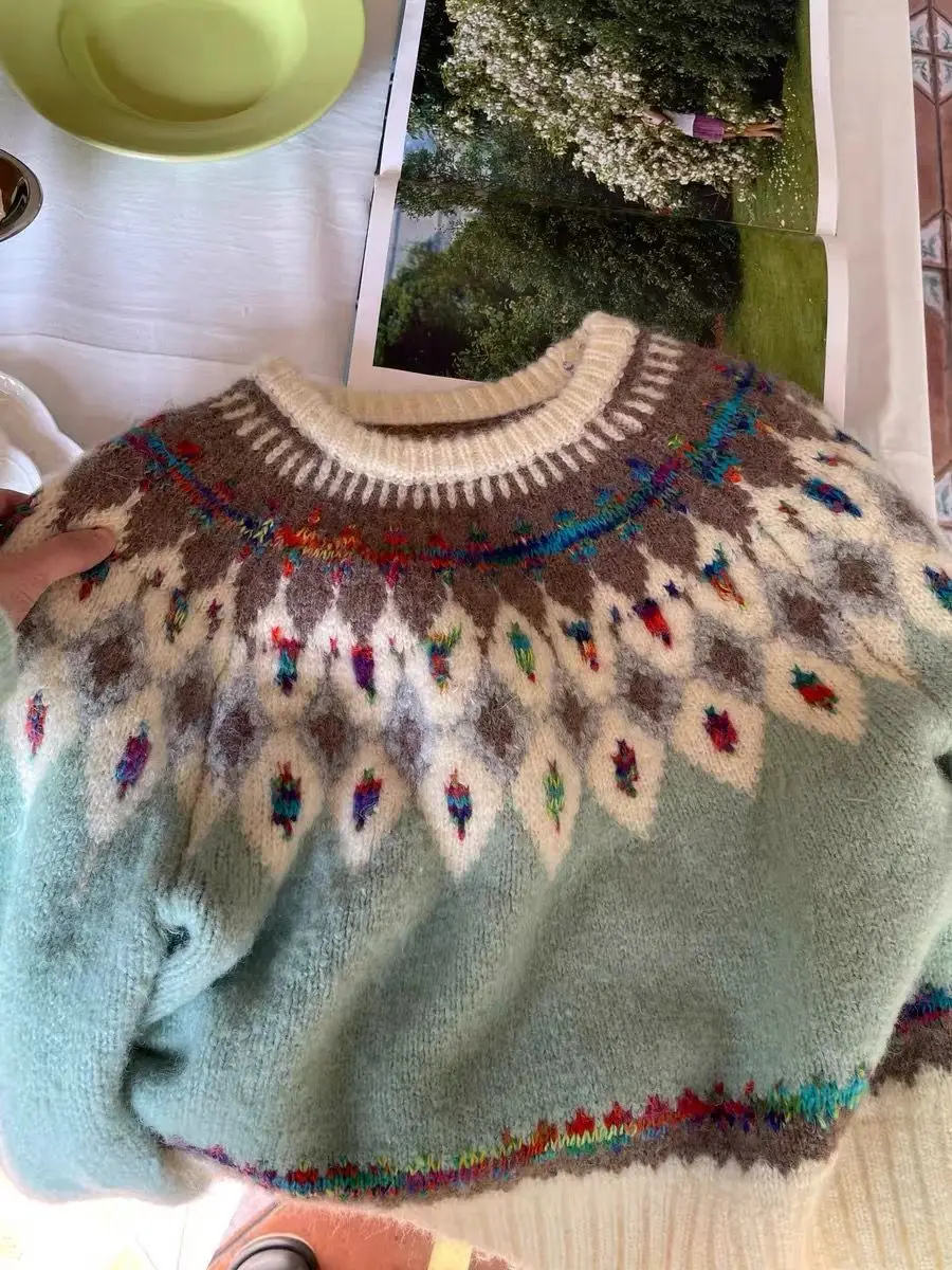 Sweter w stylu Vintage Fair Isle sweter żakardowy dla kobiet w stylu Argyle estetyczne dziergany sweter krótki Top słodkie zimowe ubrania dla