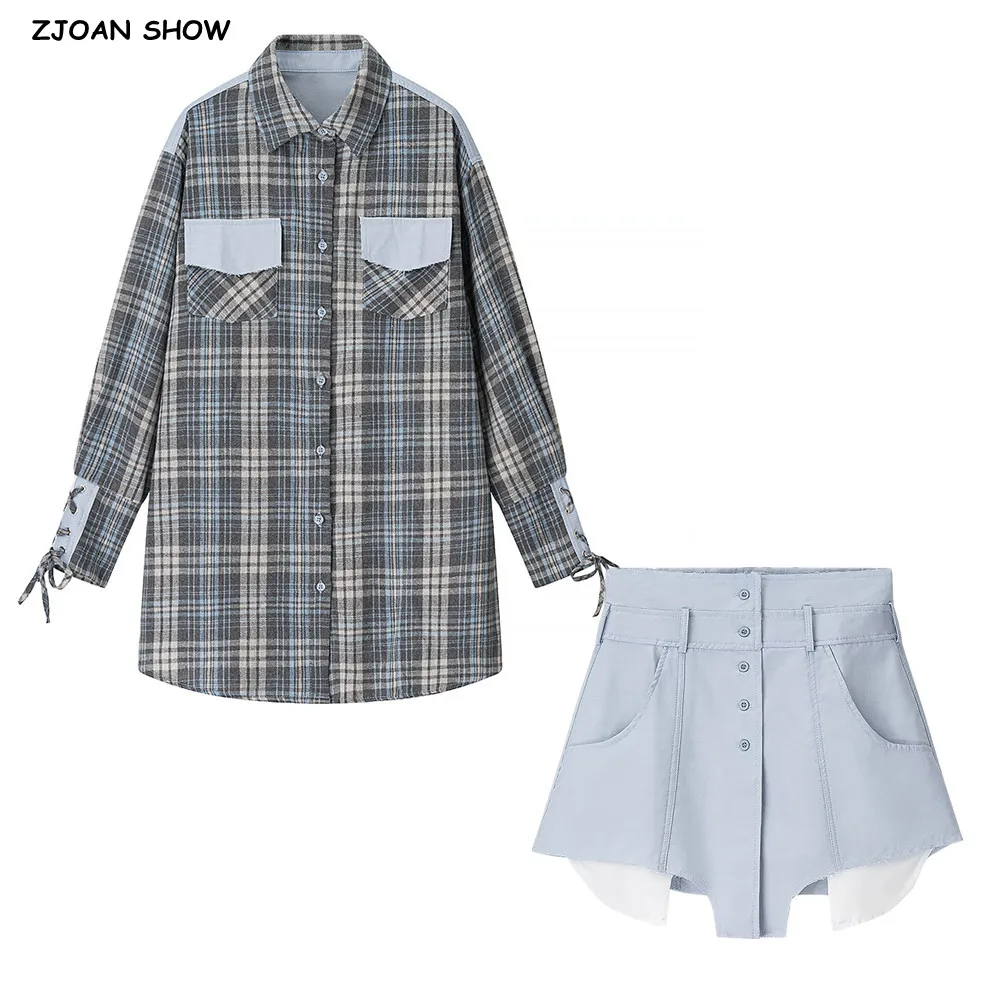 

2 Pieces 1 Set 2025 Sexy Women Plaid Spliced Blue Long Sleeve Shirt Dress High Waist Open Buttons Irregular Mini Skirt Suits