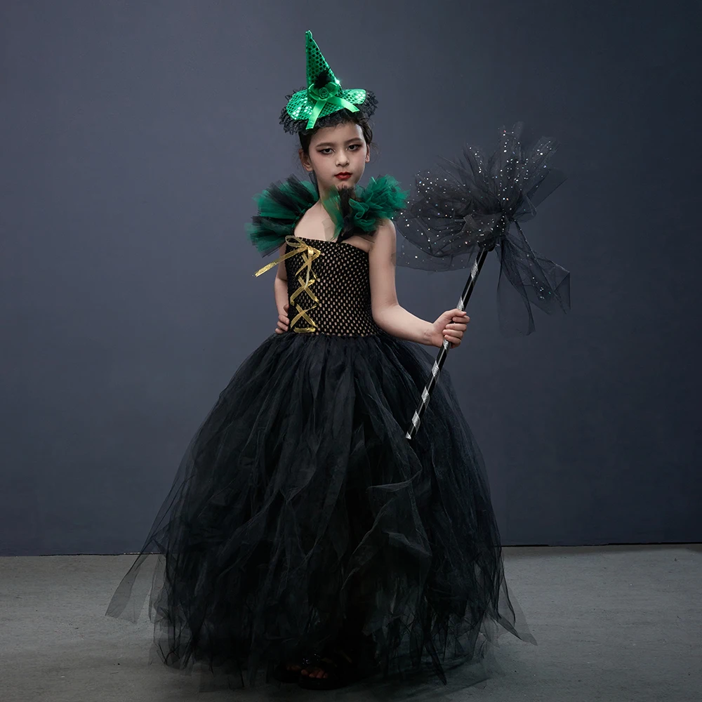 

Halloween Witch Girl Costume Dark Gothic Vintage Elegant Kids Evil Queen Gown Tutu Dress with Headband Broom Vampire Dresses