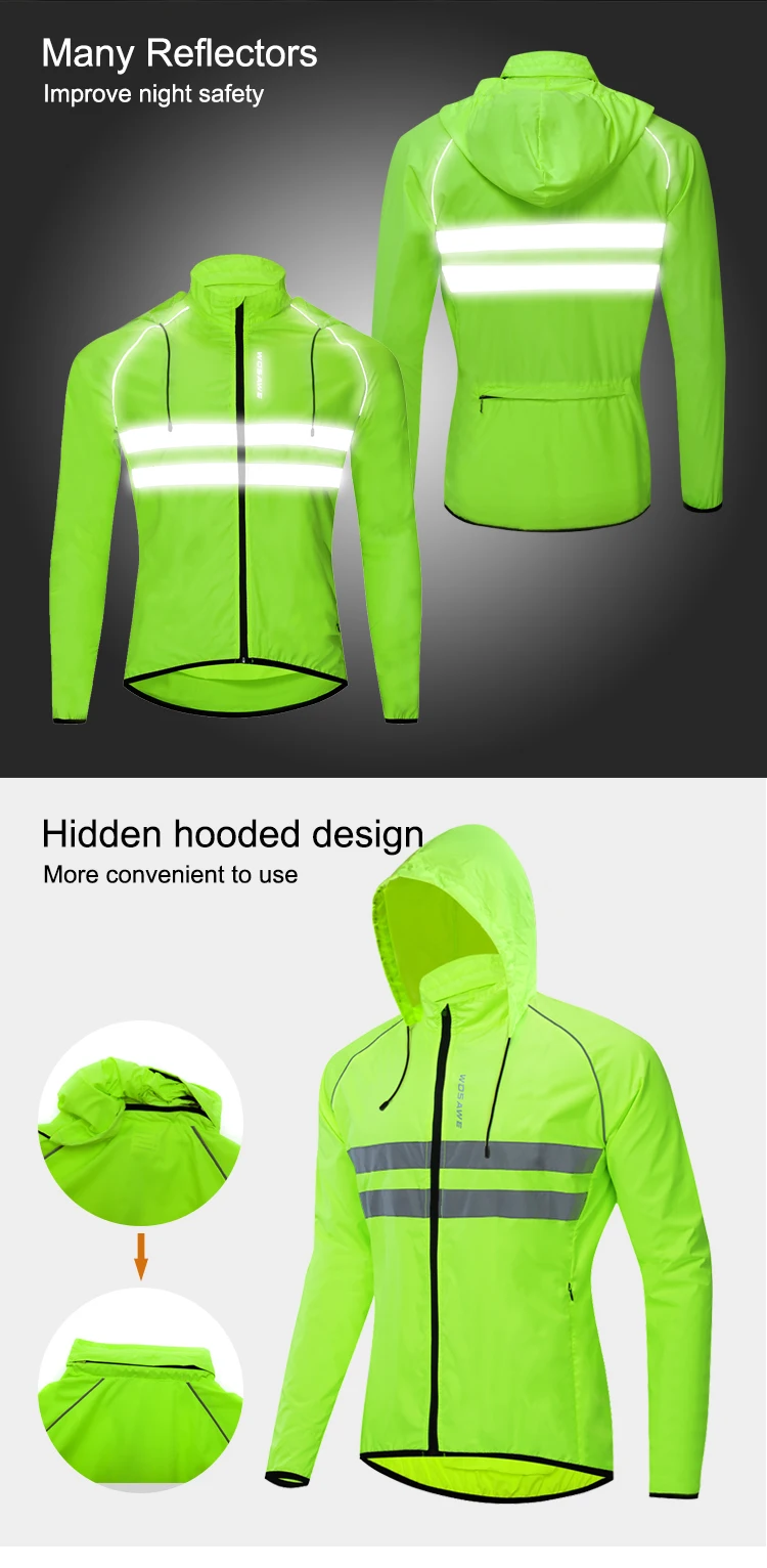 WOSAWE Thin Hooded Caps Reflective Running Jackets Windproof Water Rain Repellent Cycling Windbreaker Coat Bike Sports Jackets