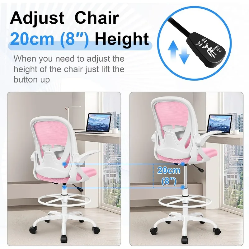 Drafting Chair Tall Office Chair with Flip-up Armrests Executive Ergonomic Computer Standing Desk Chair with Lumbar (Pink)