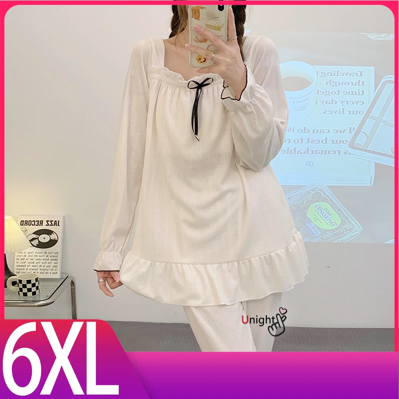 

Женские хлопковые пижамные комплекты с длинными рукавами, размер 6XL, удобная одежда для сна, домашняя одежда с круглым вырезом, осенний сезон