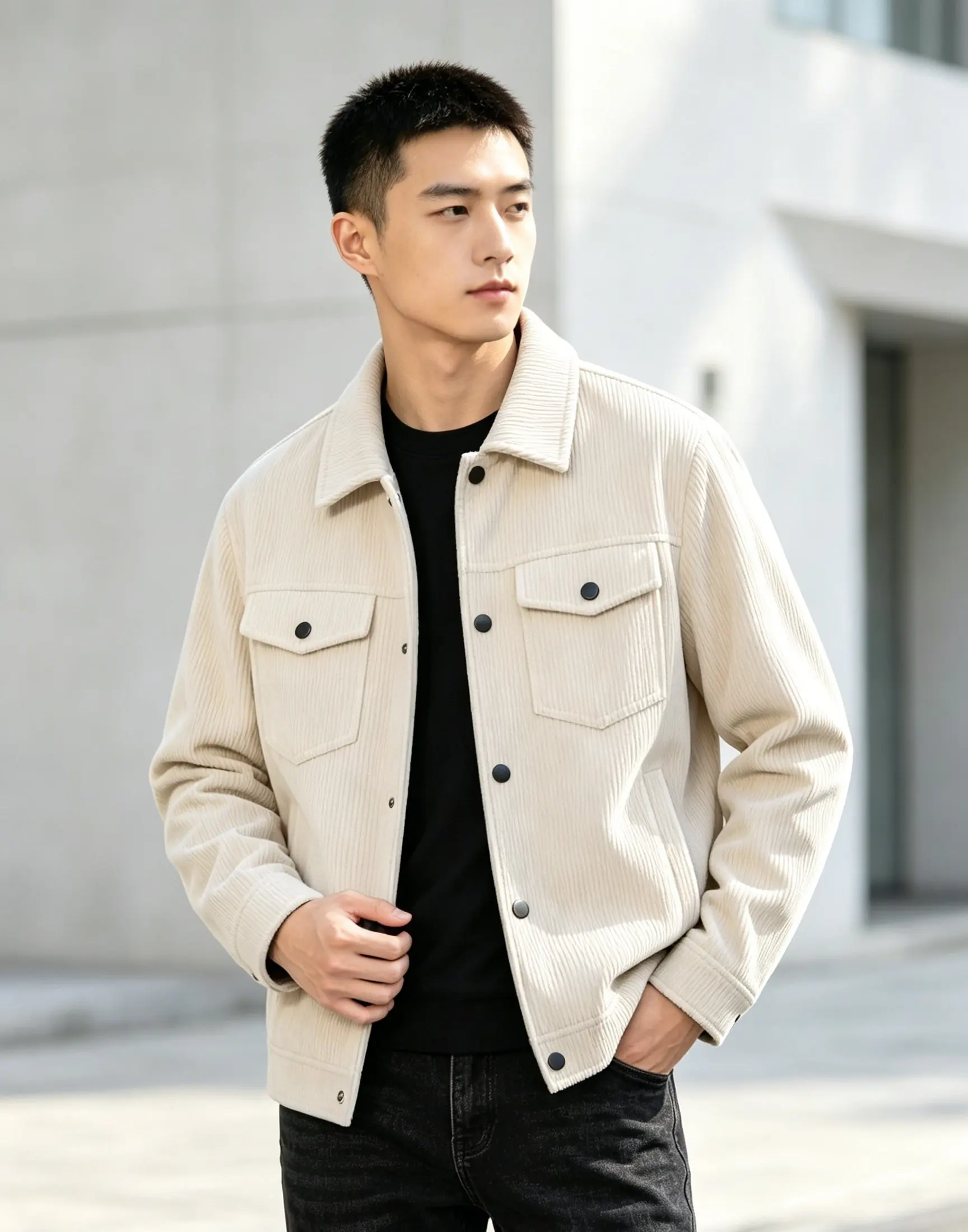 Men Spring Autumn Solid Button Collar Casual Jacket With Pockets Fashion Daily Leisure Outerwear