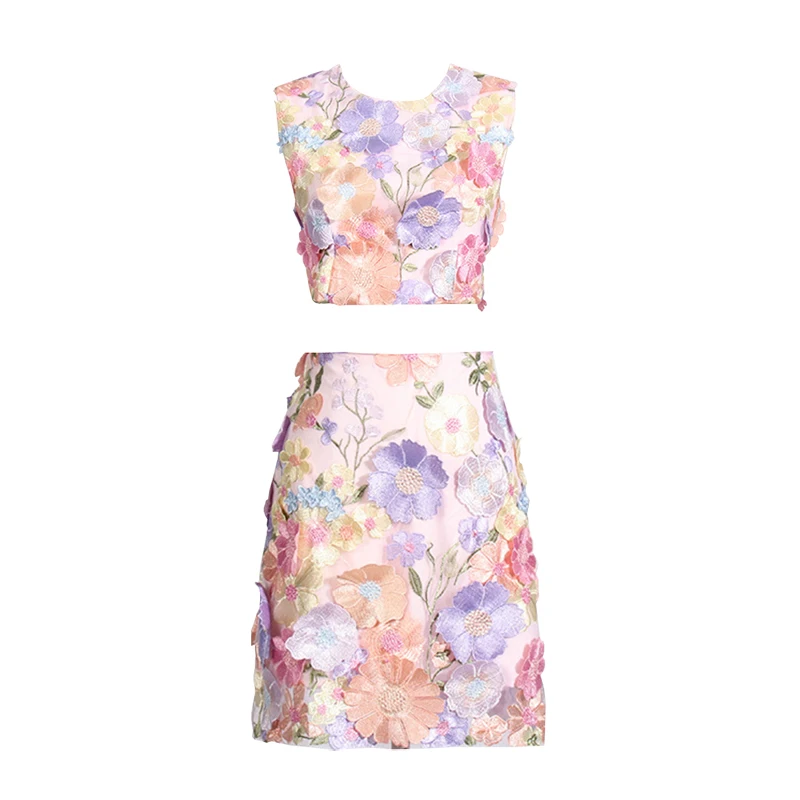 

Sexy Women Embroidery Flowers Round Neck Sleeveless Zipper Tight Mini Combo Outfit Girlfriend Afternoon Tea Party