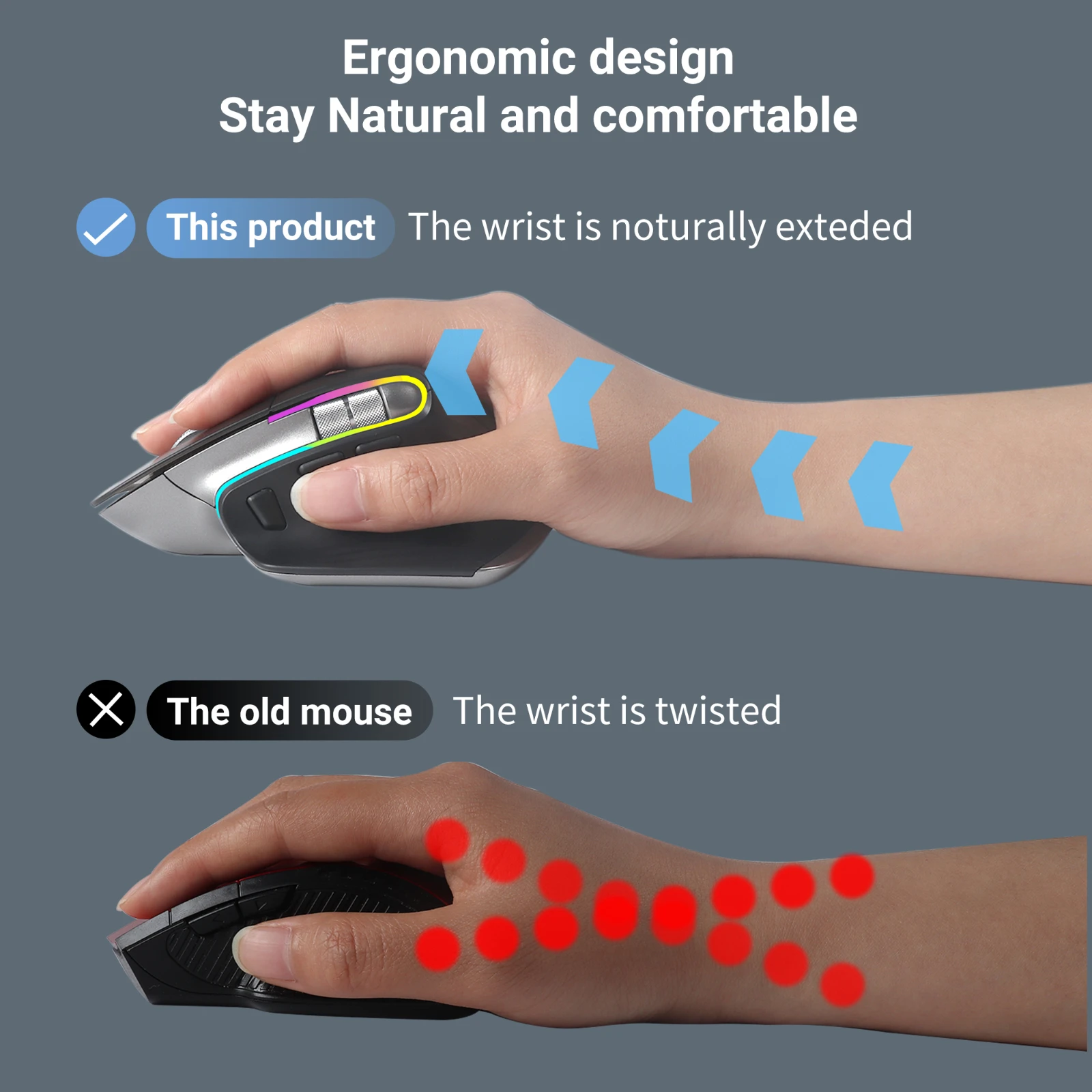 2.4G Wireless Bluetooth Mouse RGB Rechargeable Ergonomic Design DPI Adjustment Mute Luminous Computer Gaming Office Mouse