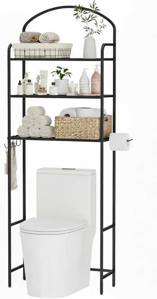 

Полка для хранения над унитазом - 3-ярусный органайзер для ванной комнаты с 4 крючками и держателем для бумаги - экономия пространства