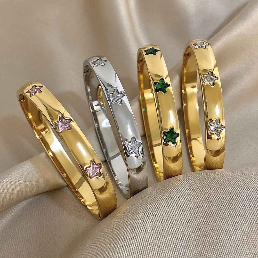 

DODOHAO New Waterproof Stainless Steel Glossy Round Open Bangle for Women Elegant Shiny Zircon Star Spring Bracelet Jewelry Gift