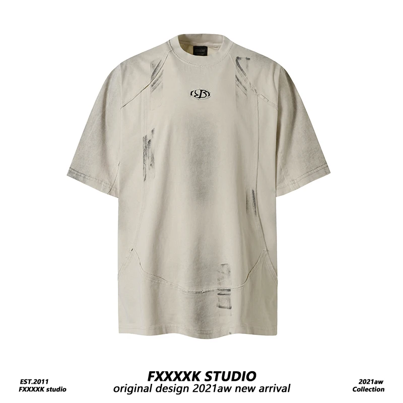 

FXK Original American High Street Deconstructed Waed ort Sve T-irt Men's Loose Casual Couple's Summer Faion
