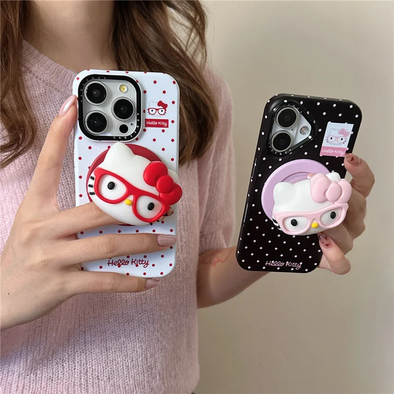

Korean Polka Dot Cute Magnetic Phone Case For iPhone 16 Pro 15 13 14 Pro Max Cover with Hello Kitty Stand Cases