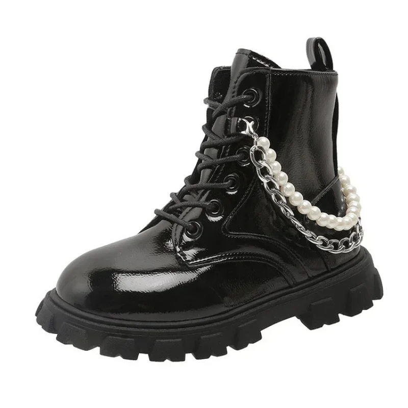 Girls Pearls Ankle Boots White High Top Fashion Shoes Kid Chain Leather Boots for Girls 10 To 12 Years Old Rubber Shoes with Zip