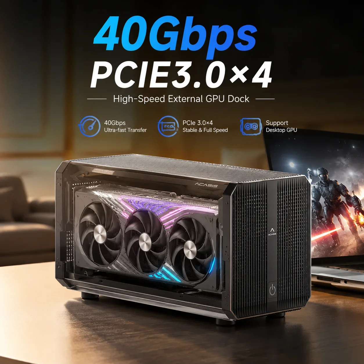 Acasis 40Gbps eGPU Enclosure with 24pin Power Switch Thunderbolt 5/4/3 USB4 External GPU Dock for Laptop PCIe 3.0x4 Aluminum