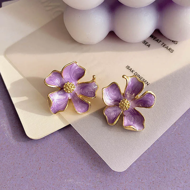 Enamel Lavender Purple Color Flower Exquisite Stud Earring for Women Simple Personality Jewelry Christmas Girl Gift