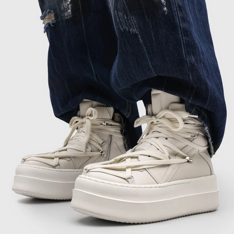 Small Niche Cross Strap Thick Soled High Top Men Board Shoes Color Blocking European  American Style Casual Street Bread Shoes