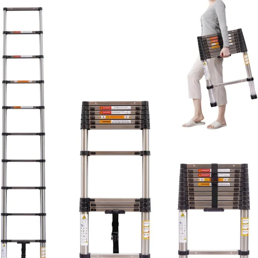 Telescopic Ladder 10.5 FT 3.2M Multi-Purpose Stainless Steel Extendable with Anti-Slip Feet,EN131 Portable Sturdy Loft Ladder