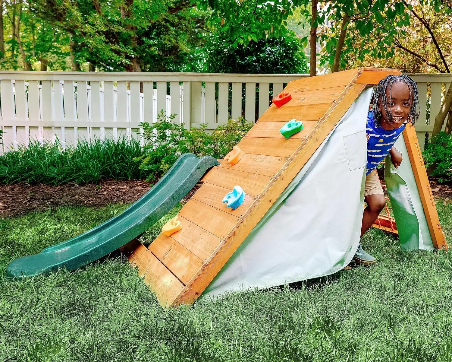 Palmeira ao ar livre e interior playground 5 em 1 quintal playset com escada, parede de rocha, corrediça de 4 pés, tenda forte, jogo estilo montessori