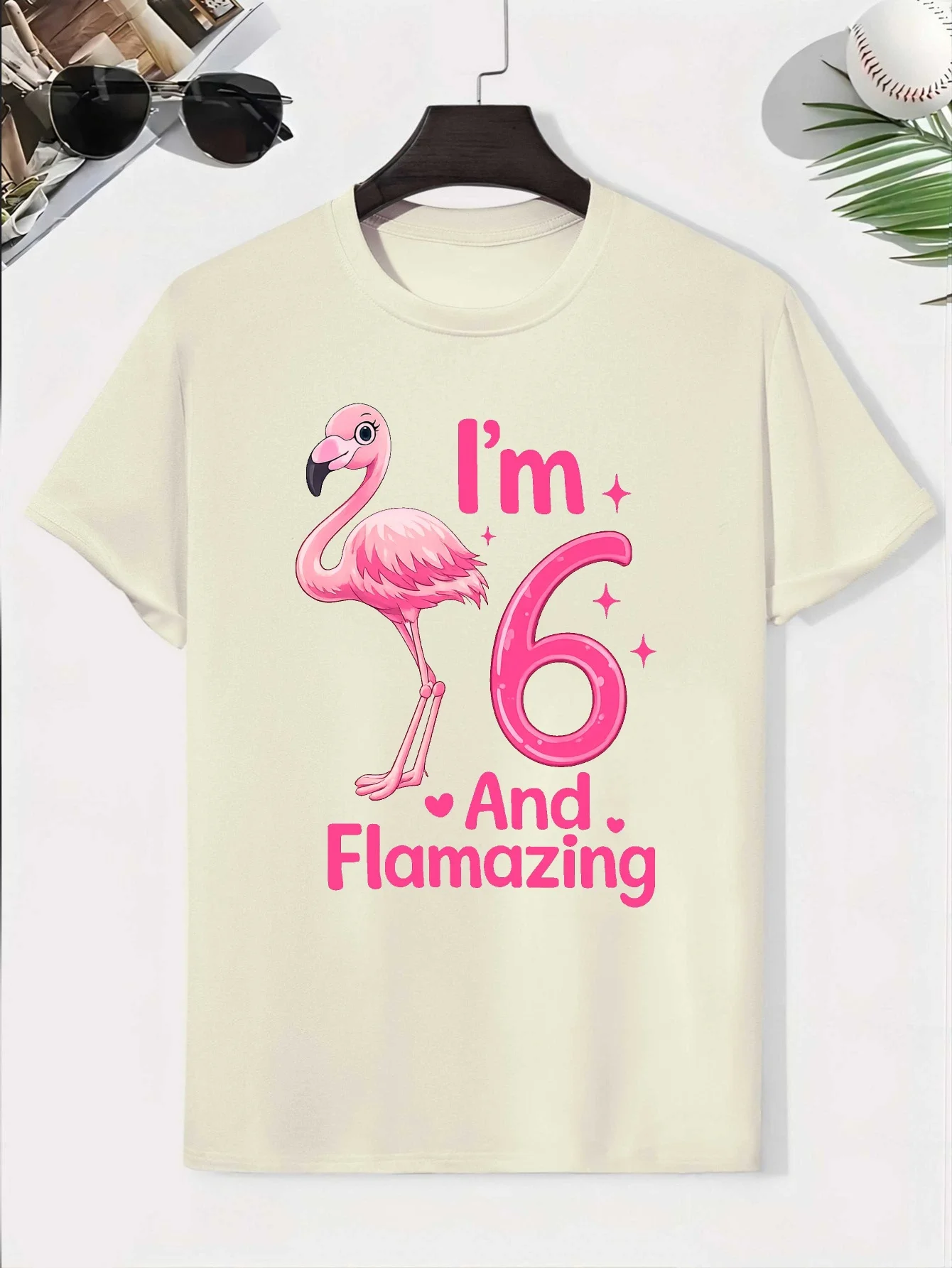 Pink Flamingo Shiny Letter Children's T-shirt Summer Clothing Parent-child Creative T-shirt Casual Comfortable Short Sleeved Top