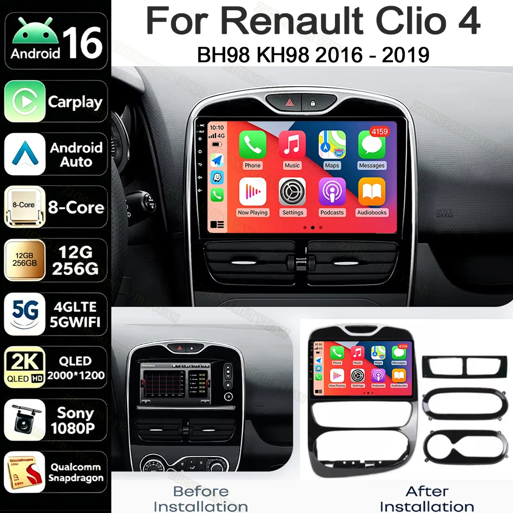 GPS AI Voice CarPlay Stereo Android 16 For Renault Clio 4 BH98 KH98 2016-2019 2K QLED Android Car Radio Multimedia Video Player
