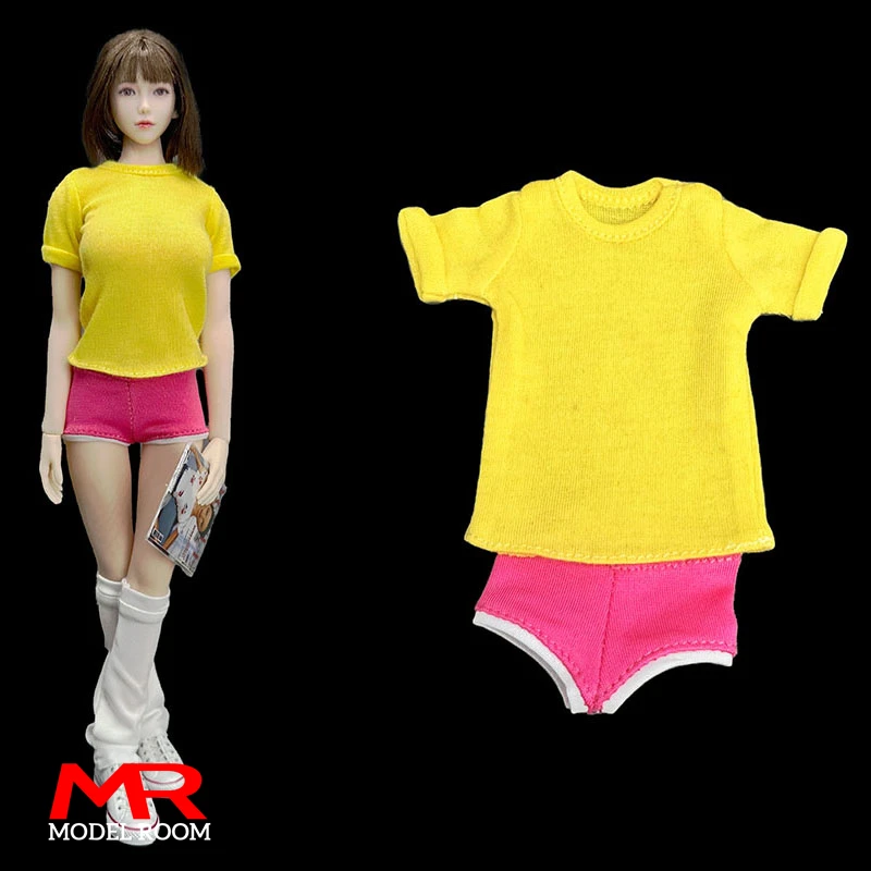 1/6 Scale Anime Girl Yellow T-shirt Pink Shorts Clothes Set Model Fit 12'' Female Soldier Action Figure Body Dolls