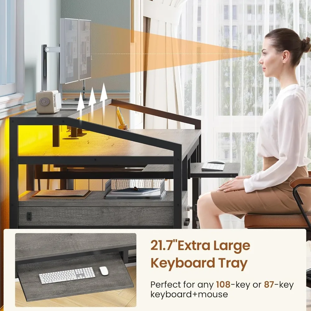 63" Computer Desk, Office Desk with Lockable Drawers for Legal/Letter File, Gaming Desk with LED Lights & Power Outlet