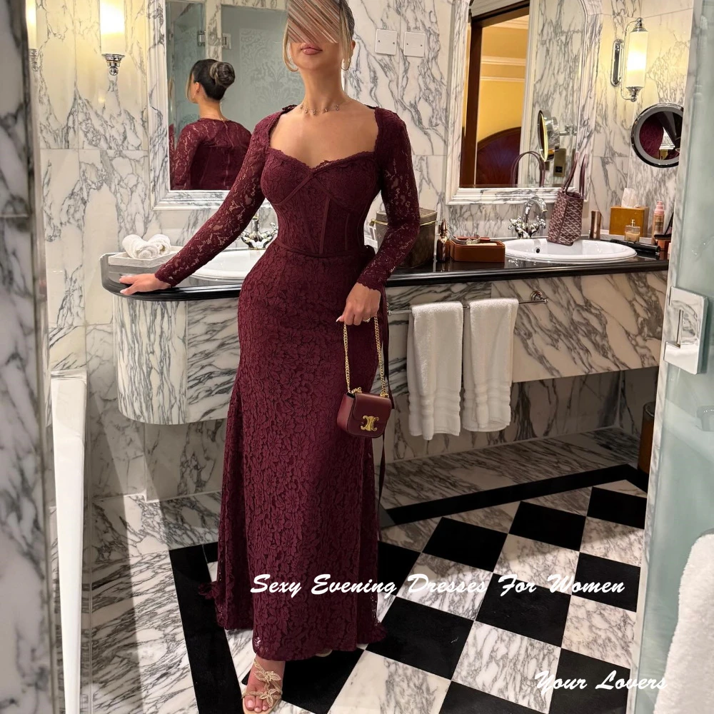 Robe de soirée en dentelle bordeaux personnalisée, col carré, pour femmes Sexy, robes de Cocktail, corsage, Corset, longue robe de bal
