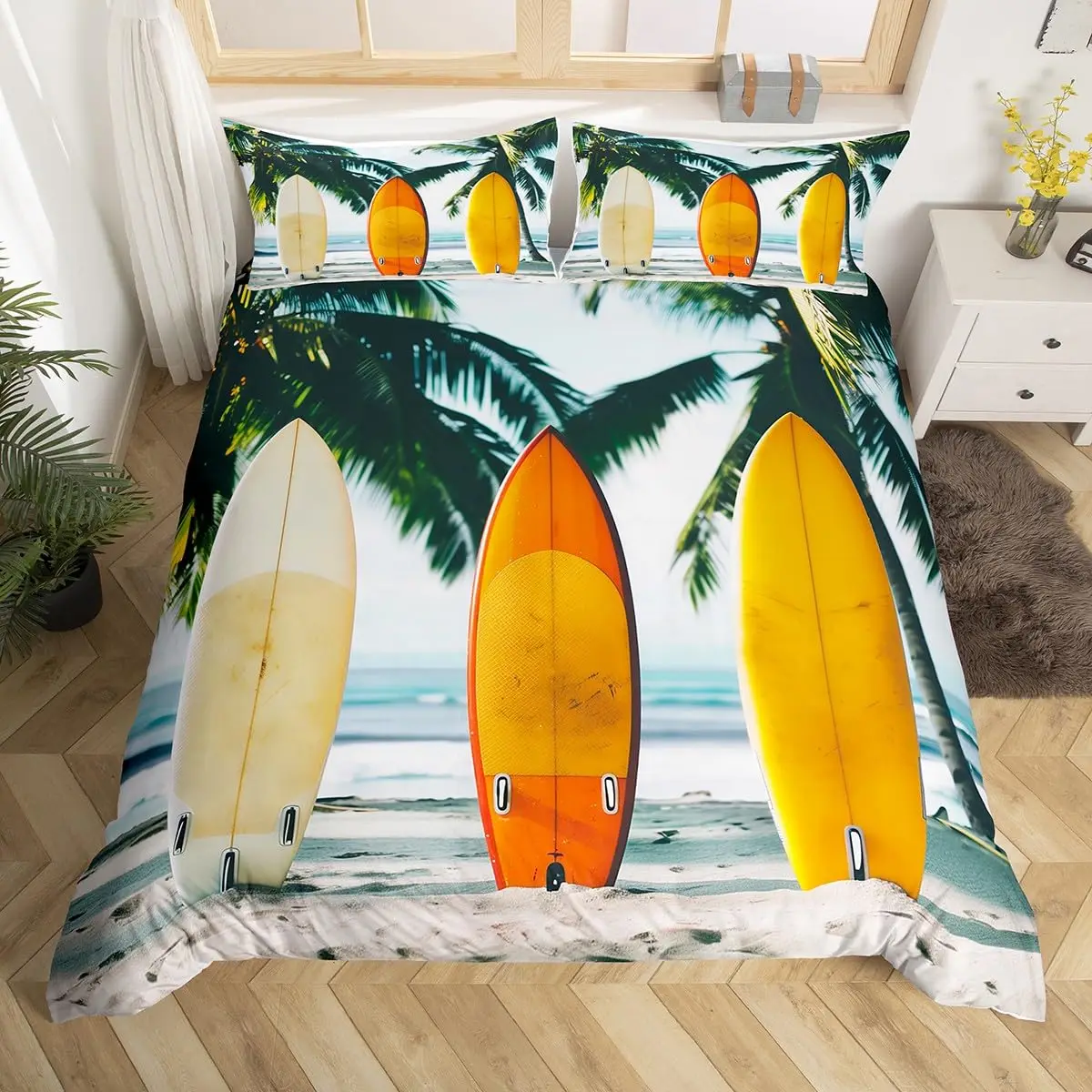 Beach Surfboard Bedding Set Sea Coconut Tree Duvet Cover Summer Surfing Sports Comforter Cover Ocean Coast Palm Tree Quilt Cover