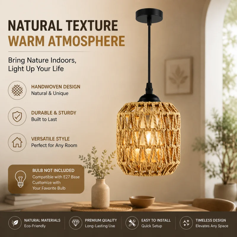 Wicker Lamp Creative Rattan Ceiling Light, Hand Woven Chandelier Japanese Style Pendant Light Pastoral Zen Ceiling Lamp Tea Room