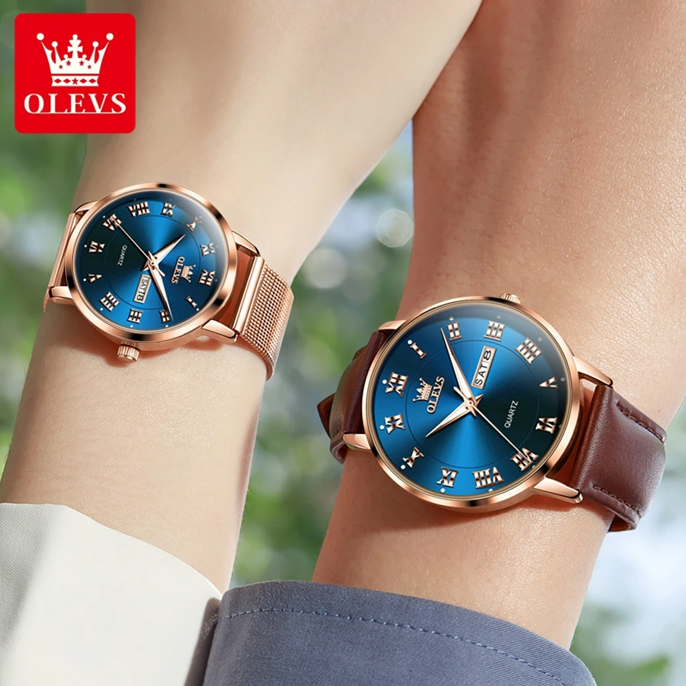 OLEVS-Reloj de lujo para hombre y mujer, cronógrafo de cuarzo con malla de cuero, resistente al agua, luminoso, calendario semanal, a la moda