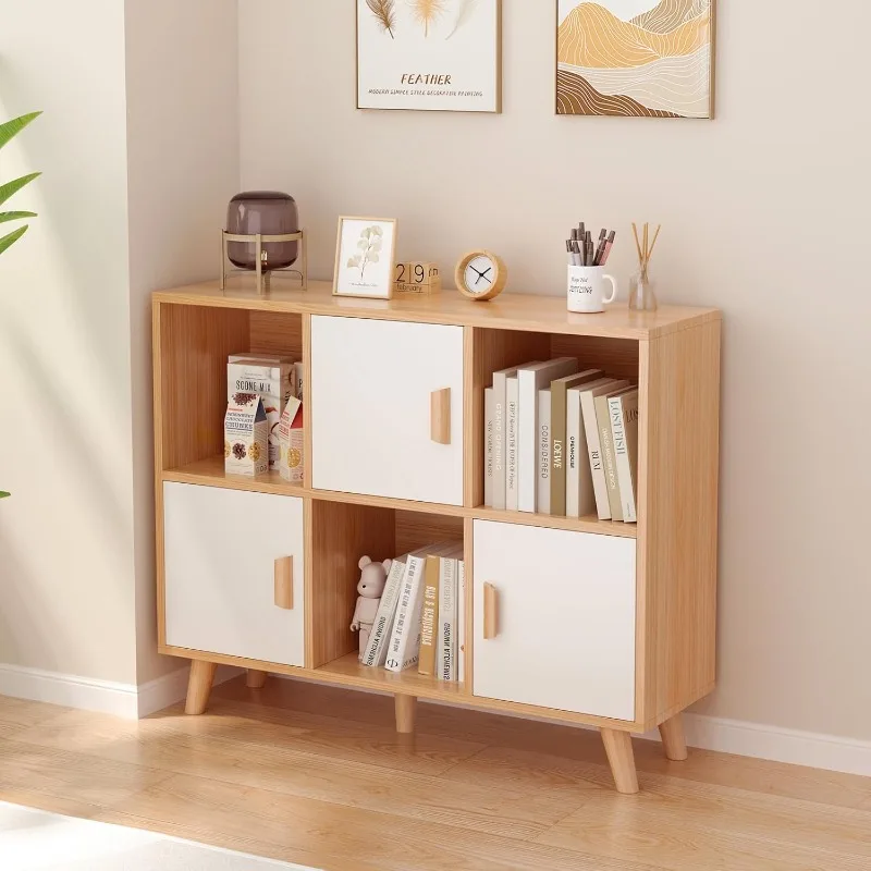 Cubby Shelf Bookcase with Doors - Wooden 6 Cube Floor Standing Open Bookshelf with Solid Wood Legs, 2-Tier Low Storage