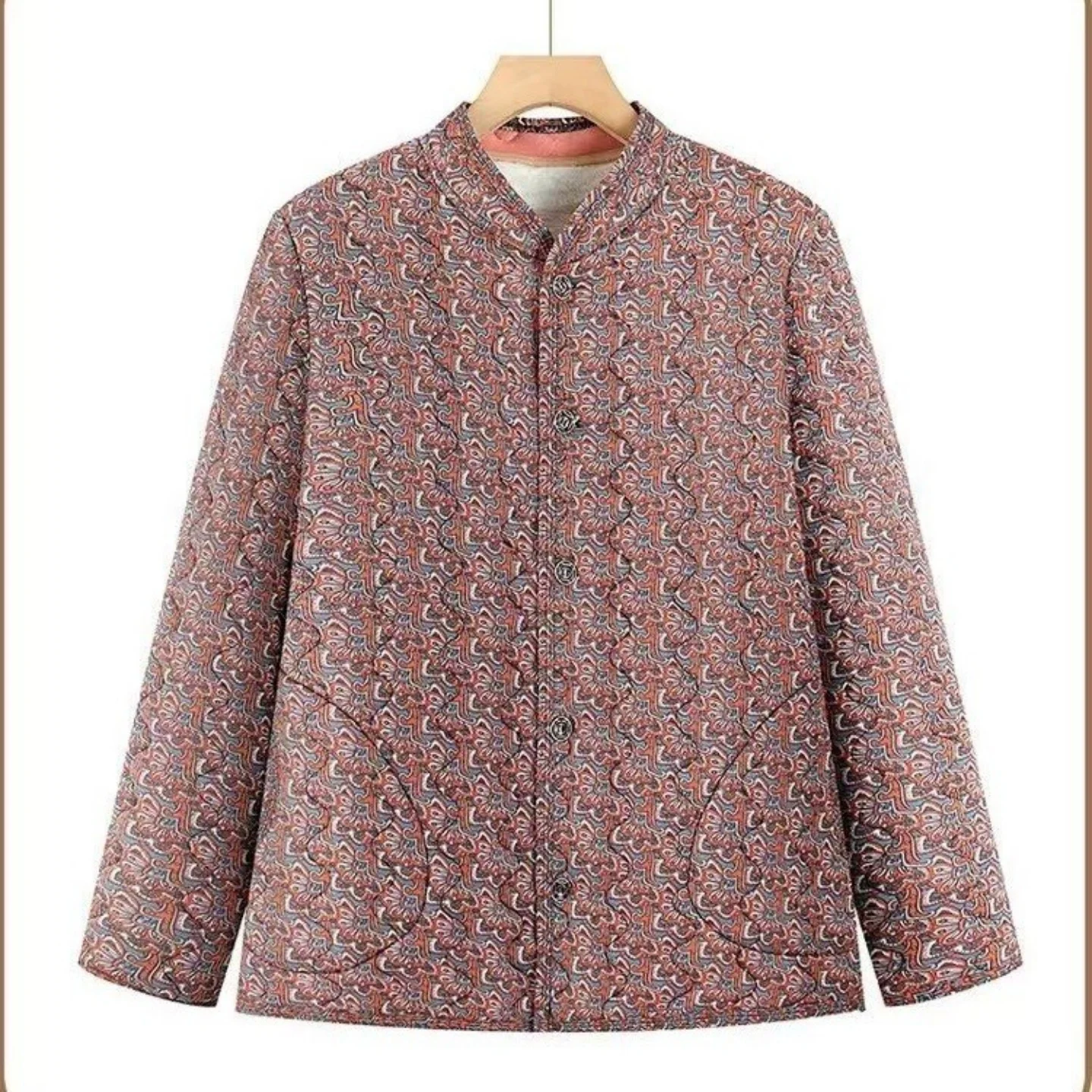 

Thickened Floral Print Cotton Jacket with Fleece And Back Protection for Mom Winter Warm Loose Coat Polyester Fiber