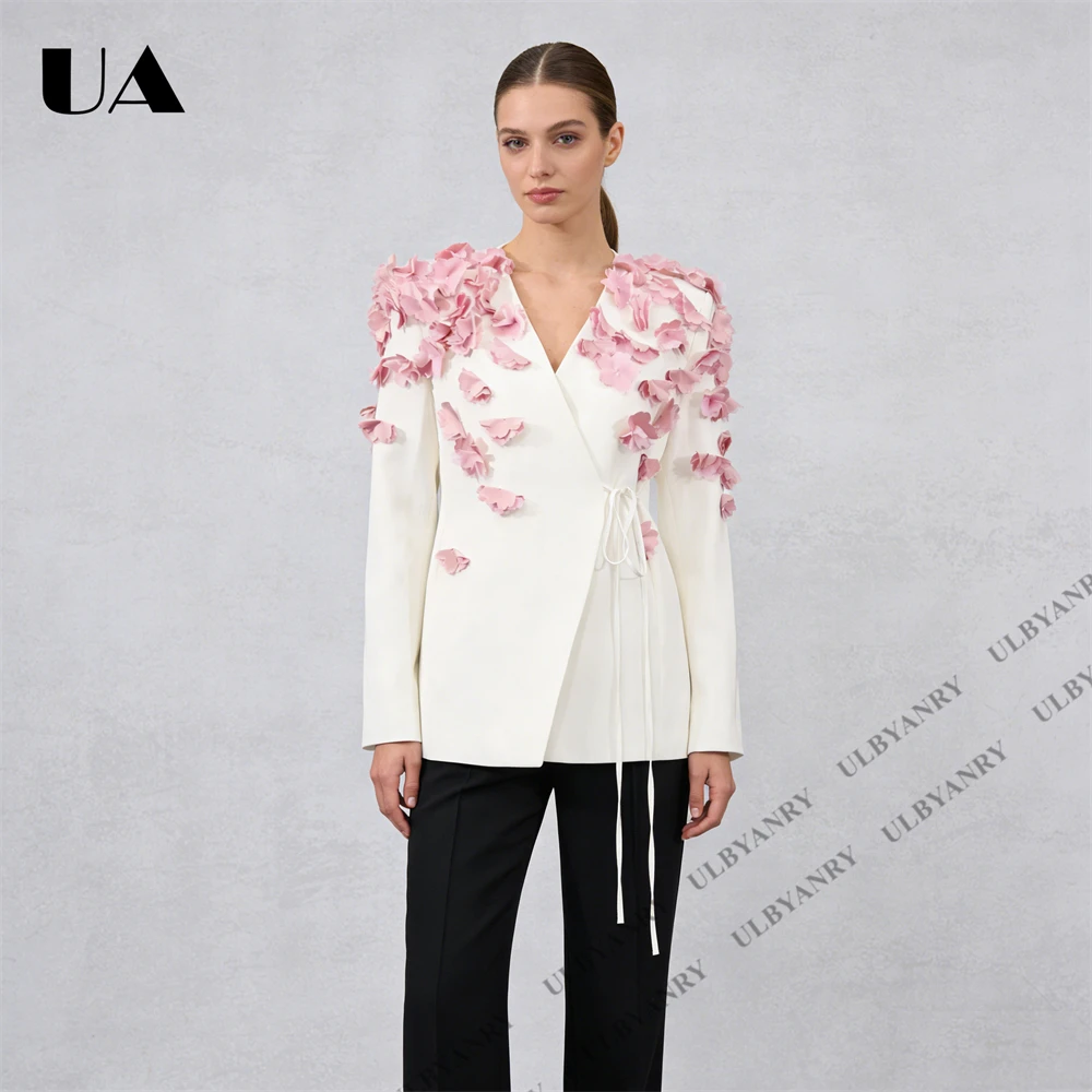 ULBYANRY White Wrap Blazer with 3D Pink Floral Appliqué and Tie Waist for Wedding Garden Party Ethereal Romantic Outfit