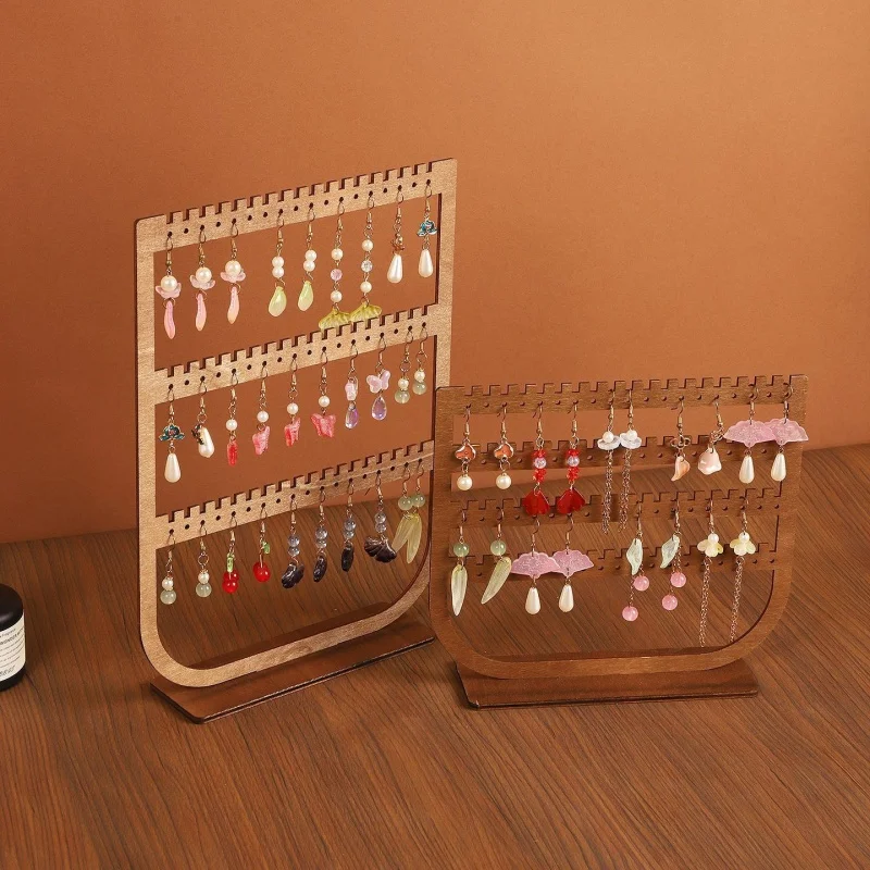 3/4 tier earring display stands, wooden hanging jewelry organizer, walnut color jewelry display holder, dangle necklace storage