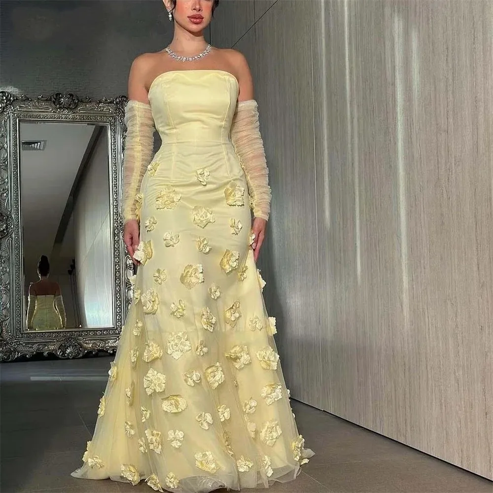 Vinatge Yellow Prom Pageant Dress 2026 Strapless Pleats Full Sleeve Flowers Evening Birthday Formal Gowns Vestidos De Dala