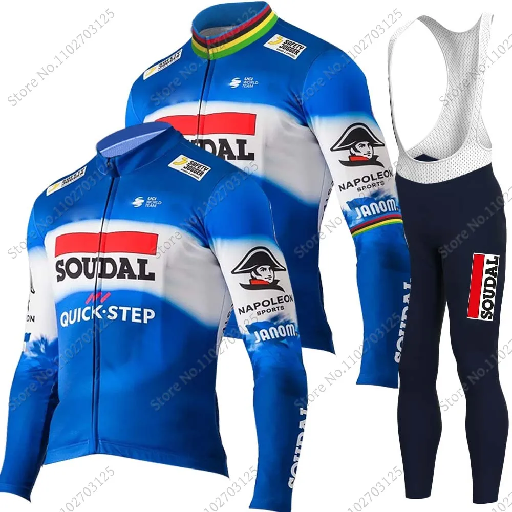 2024 World Champion Soudal Quick Step Team Cycling Jersey Set Long Sleeve Themal Fleece Clothing Suit MTB Bike Road Pants Bib