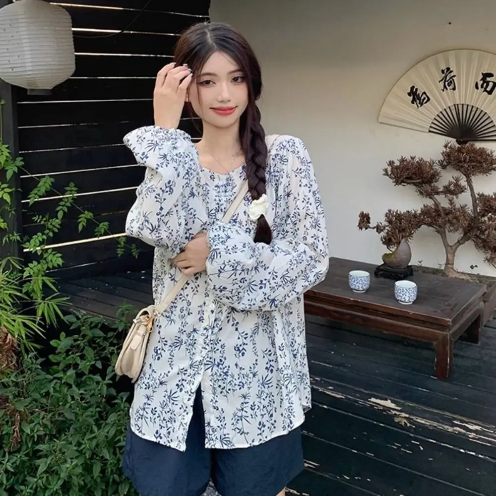 

Милая блузка с пышными рукавами в корейском стиле, свободная рубашка с цветочным принтом, топ в стиле ретро, повседневная блузка с цветочным принтом, уличная одежда