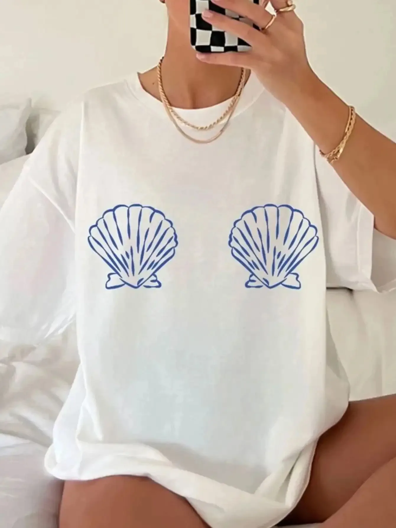 T-shirt à col rond pour femmes, imprimé coquillage blanc et bleu, manches respirantes, mode Harajuku Kawaii, vêtements Y2K pour femmes ﻿